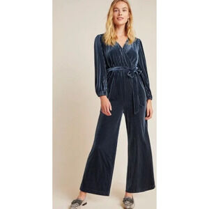 Ali & Jay Womens Ribbed Velvet Jumpsuit Belted Long Sleeve Dark Teal Size Large